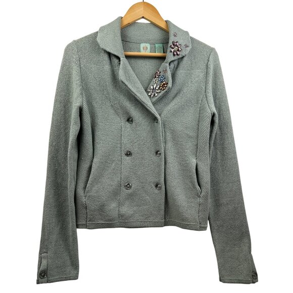 Anthropologie Hi-Line Embellished Knit Cardigan Jacket Medium Sage Green Beaded - Picture 1 of 10